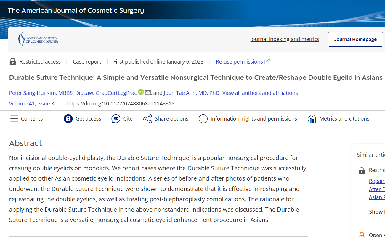 Dr Peter Kim&rsquo;s 2023 article in The American Journal of Cosmetic Surgery: Durable Suture Technique, a simple and versatile nonsurgical technique to create or reshape double eyelid in Asians.